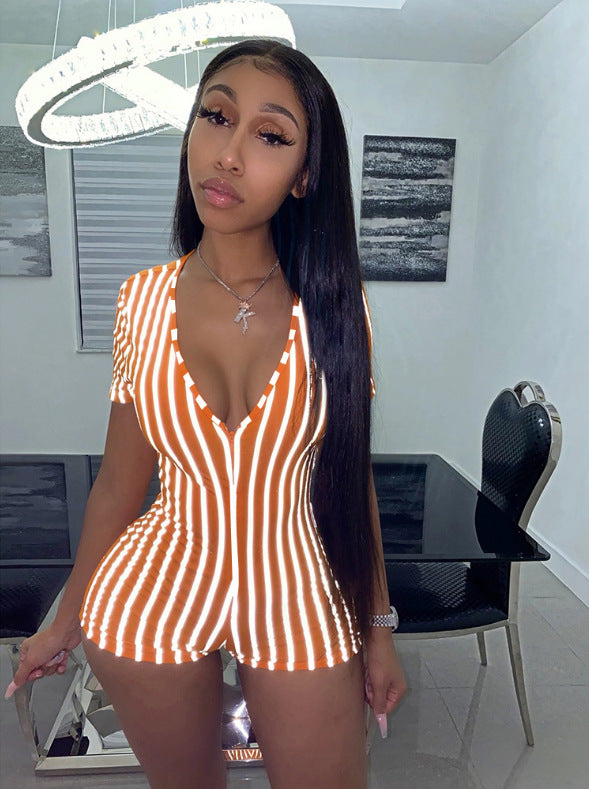 Striped skinny shorts zipper jumpsuit