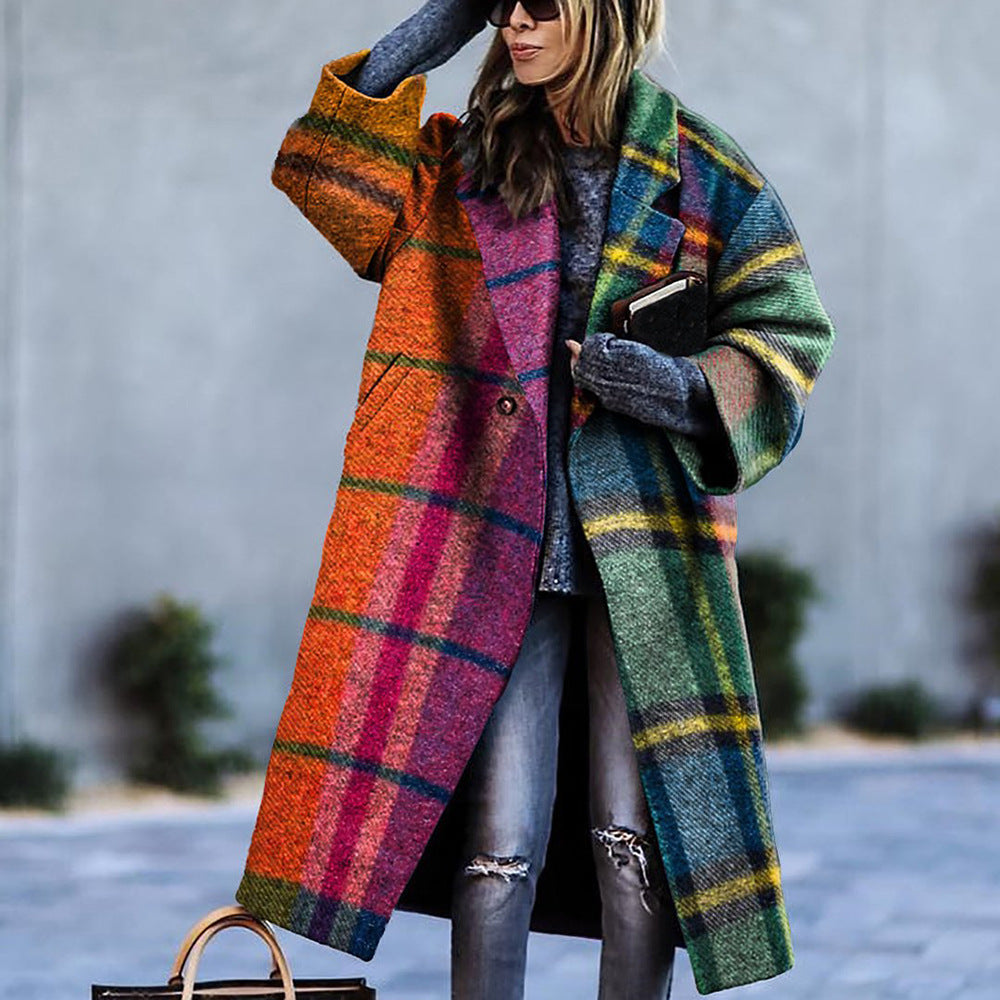 Women's Color Matching Plaid Long-sleeved Coat