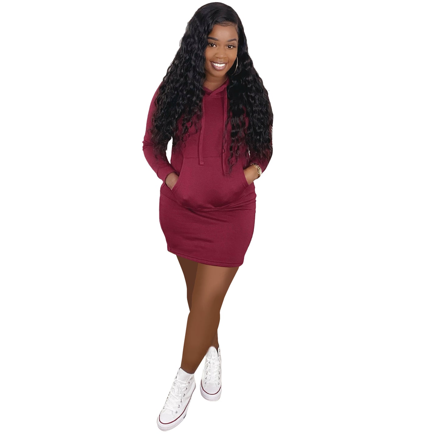 Women's Casual Fashion Solid Color Hooded Sweater Dress