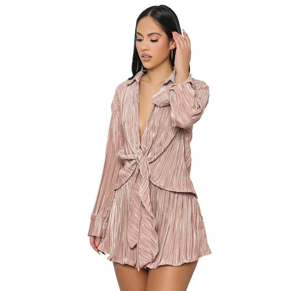 Two Piece Outfits For Women Vacation Pleated Button Down Shirt Shorts Sexy 2 Piece Set Casual Y2K  Shirt