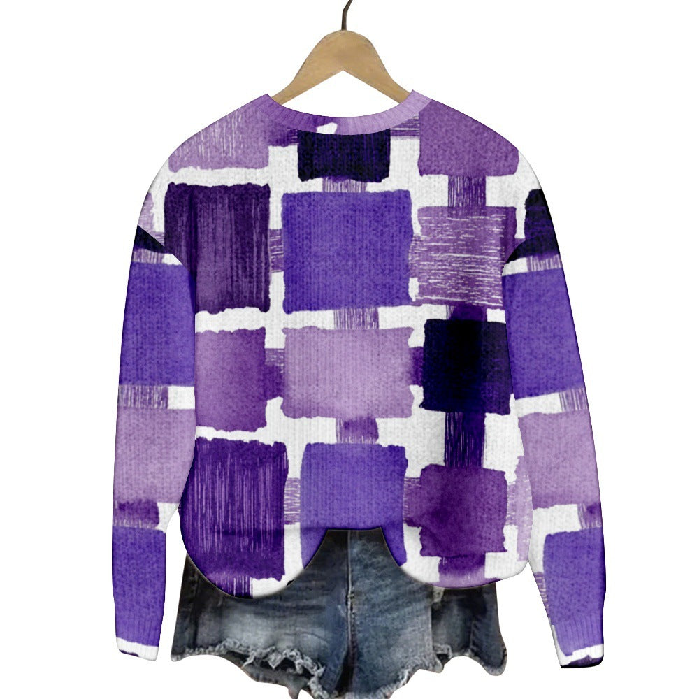 Geometric Color Matching Pattern Elements 3D Printed Casual Women's Round Neck Sweater