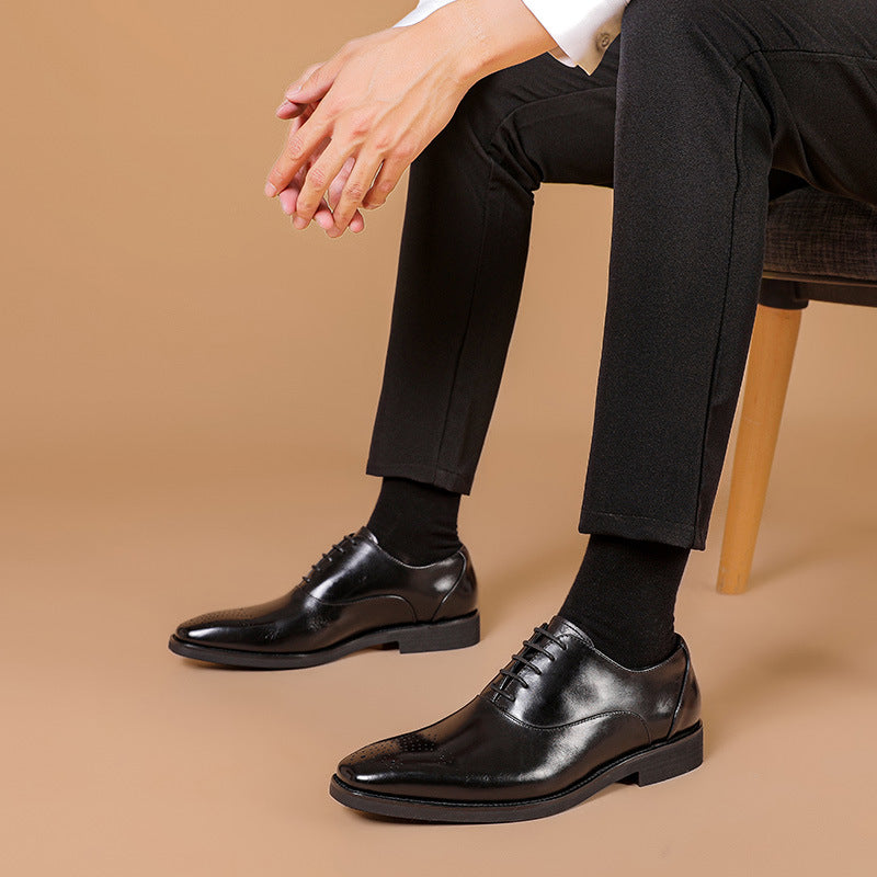 Summer New Men's Leather Shoes Head Layer Cowhide Hand-polished Brock Business Shoes