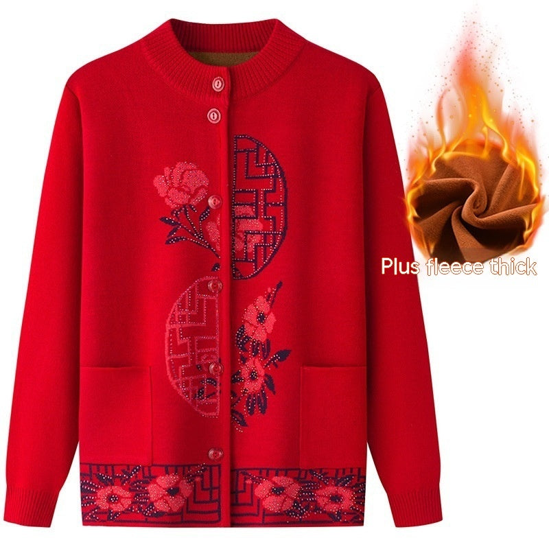 Spring Sweater Women Fleece-lined Knitting Cardigan Old Lady Autumn And Winter Clothes Women