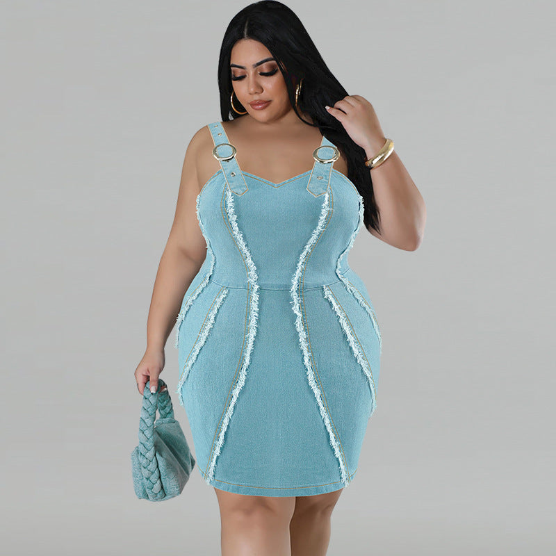 Plus Size Women's Clothing Denim Sling Tassel Sleeveless Short Dress