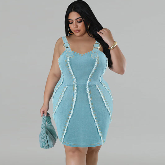 Plus Size Women's Clothing Denim Sling Tassel Sleeveless Short Dress