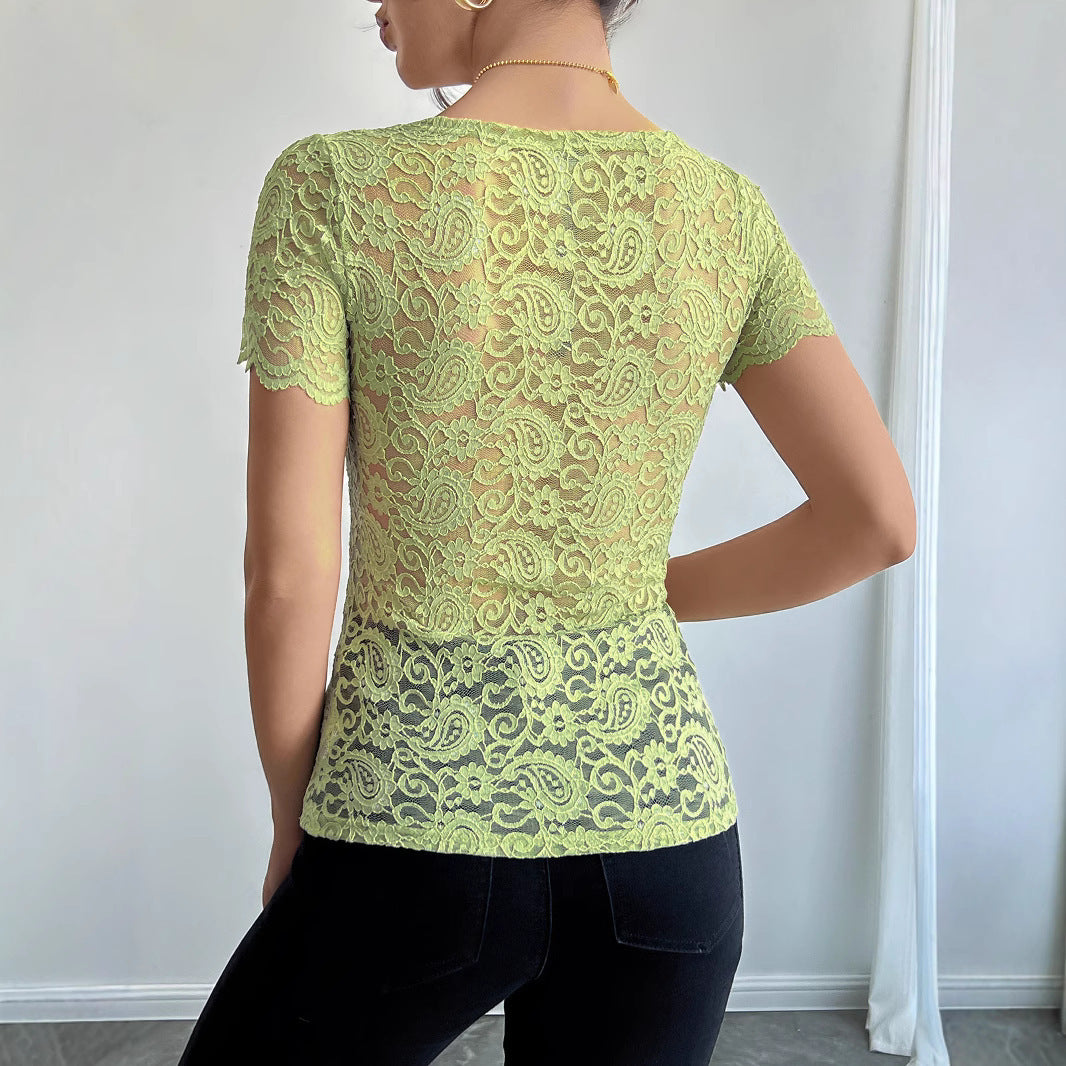 Lace Slim-fit Square Short-sleeved T-shirt