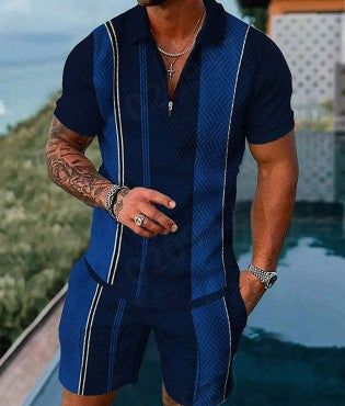 Men's Striped Casual Print Lapel Zipper Two-Piece Suit