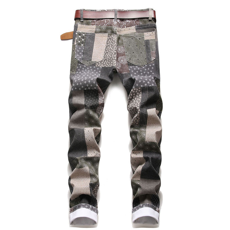 Printed Stitching Patch Checkered Stretch Small Straight-leg Street Fashion Jeans