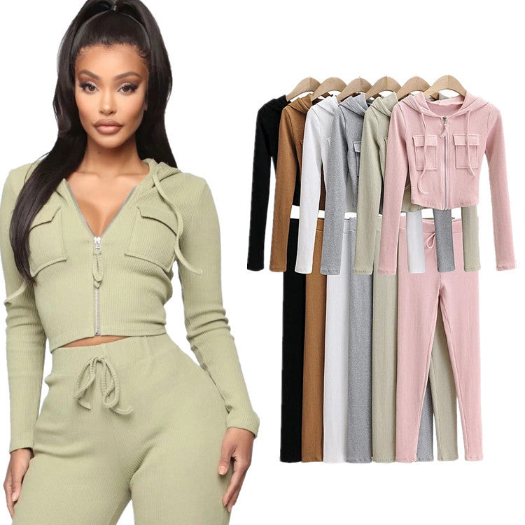 Zip Pocket Hooded Top Stretch Pants Knit Suit
