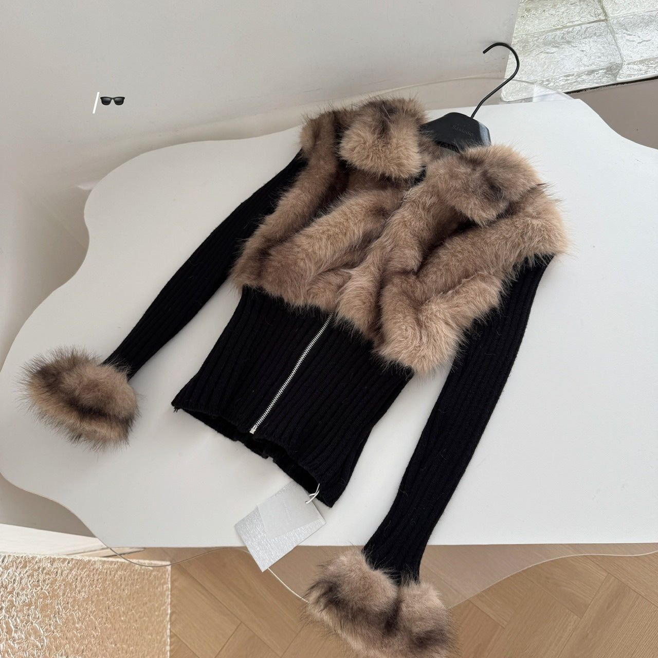 Korean Style Rex Rabbit Lapel Fur Patchwork Knitting Cardigan Coat