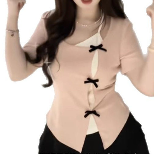 Bow Irregular Short Sleeve Plus Size Fake Two Pieces Fashionable T-shirt