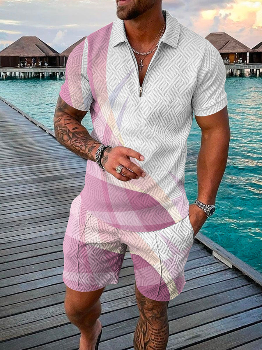 Men's Summer Fashion 3D Printed Short Sleeve Geometric Zip Lapel Shirt Set