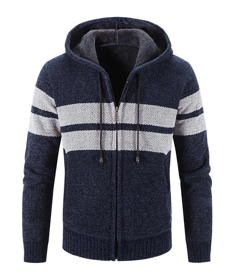 Hooded Striped Color-blocking Casual Plus Velvet Cardigan