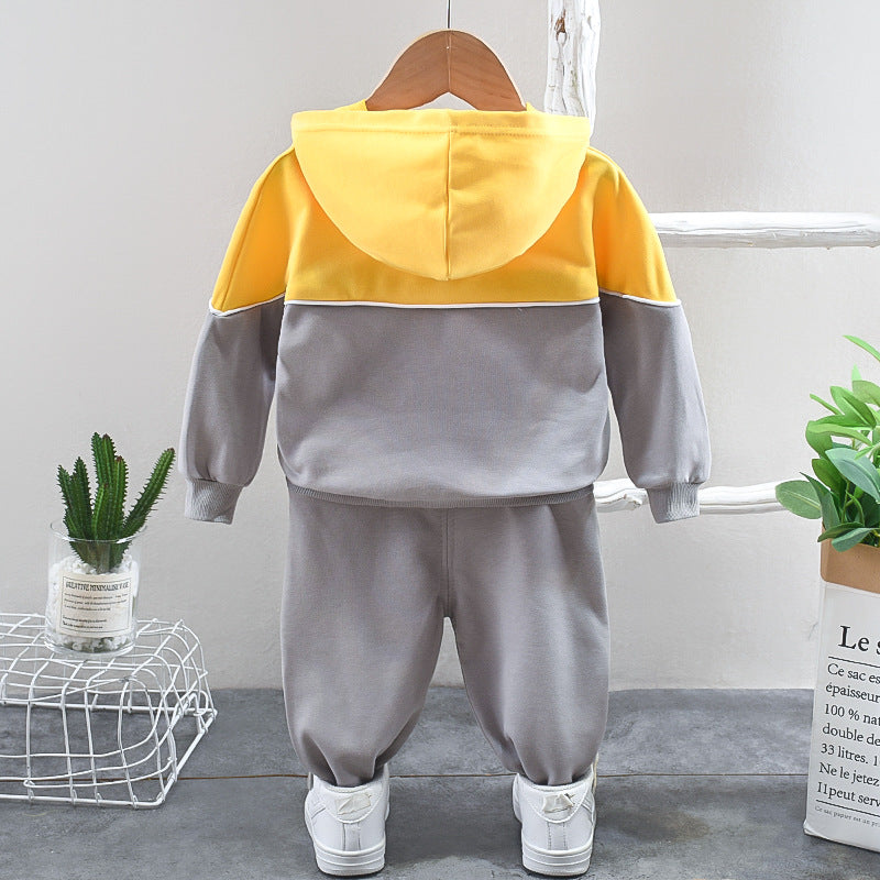 Infant Toddler Baby Boy Fashion Colorblock Hooded Pullover Long-sleeved Shirt Two-piece Set