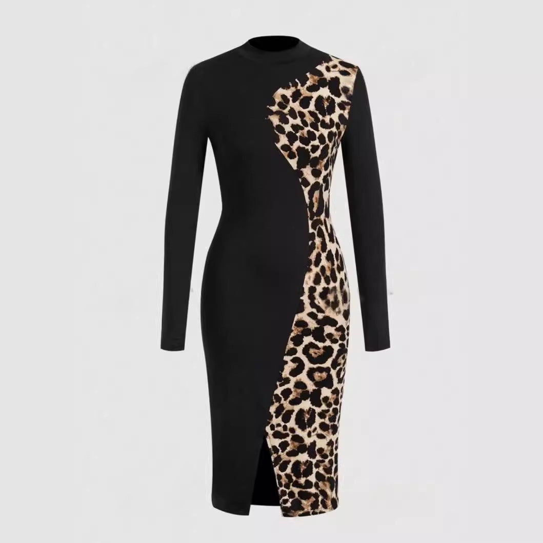 European And American Semi-formal Dress Fashion Slim-fit Sheath Leopard Splicing