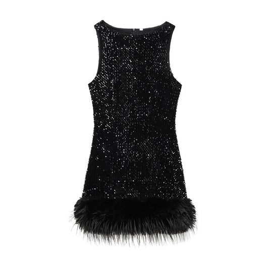 Women's Fashion Sequin Feather Decoration Dress