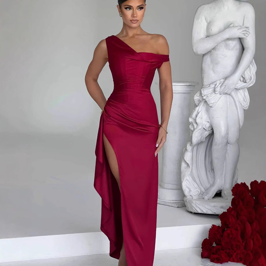 Women's Slant Shoulder Satin Waist Dress