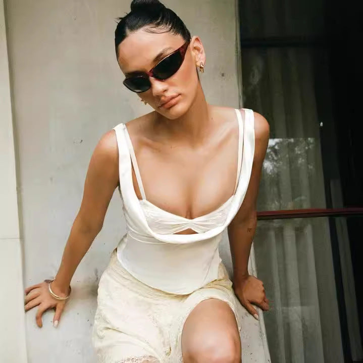 Sleeveless Lace Bra Short Low-cut Top Two-piece Set