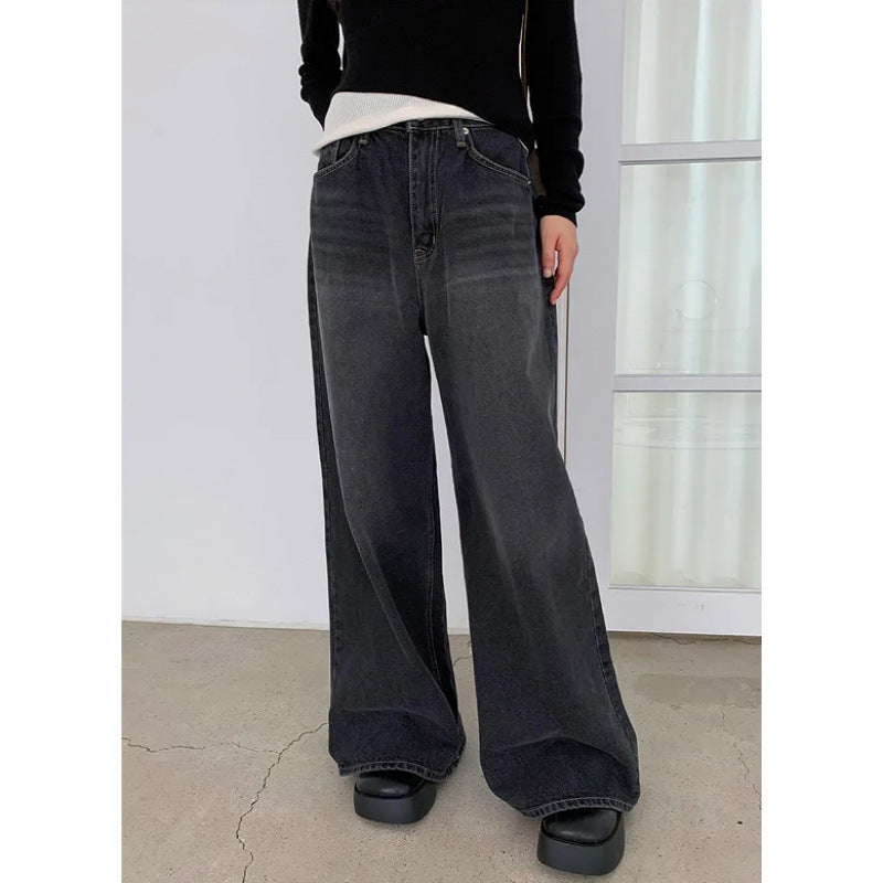 Washed And Worn Wide Leg Jeans With Bow Print At The Back