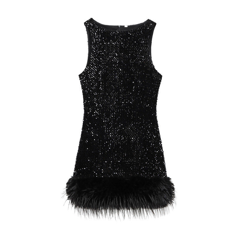 Women's Fashion Sequin Feather Decoration Dress