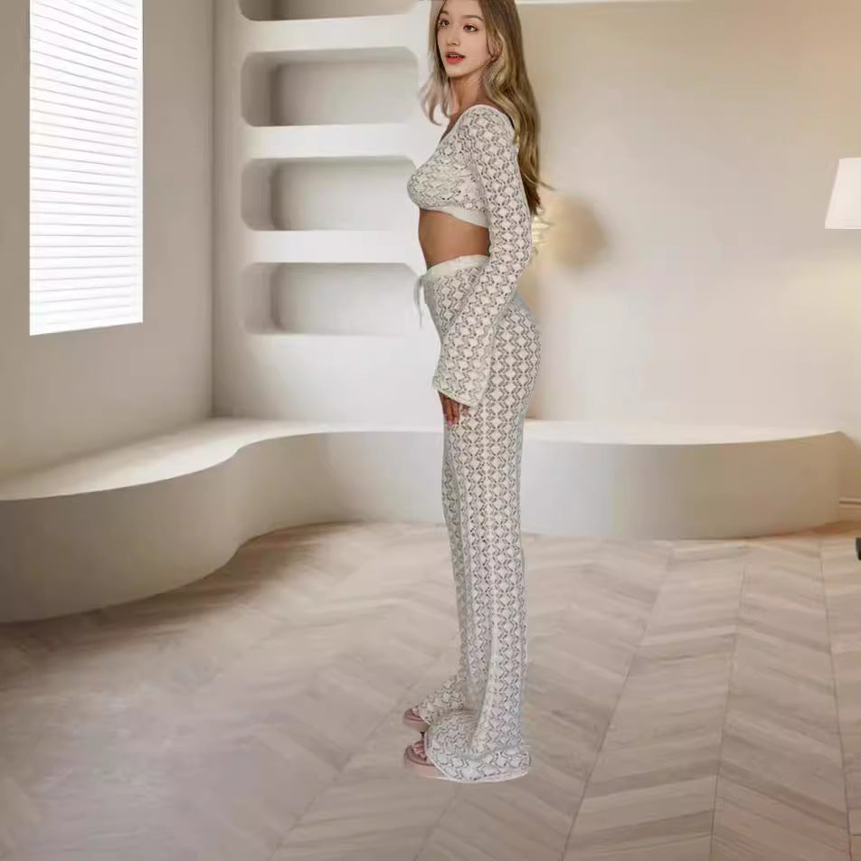 Sexy Cutout Tube Top Small Top Slim Trousers Hot Girl Knitting Suit