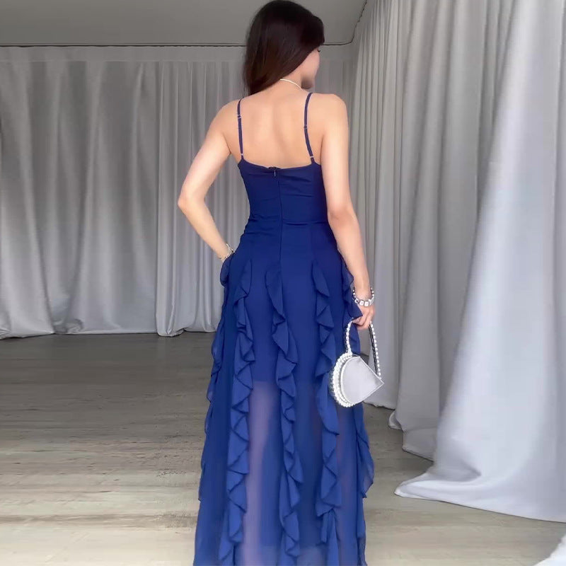 Summer New Pure Desire Style Fashion Ruffles Slim Fit Patchwork Suspender Skirt