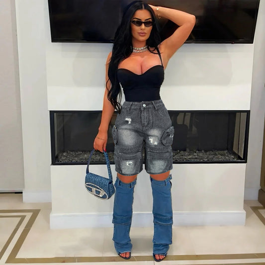 Women's Washed Pocket Ripped Cropped Pants Denim Shorts