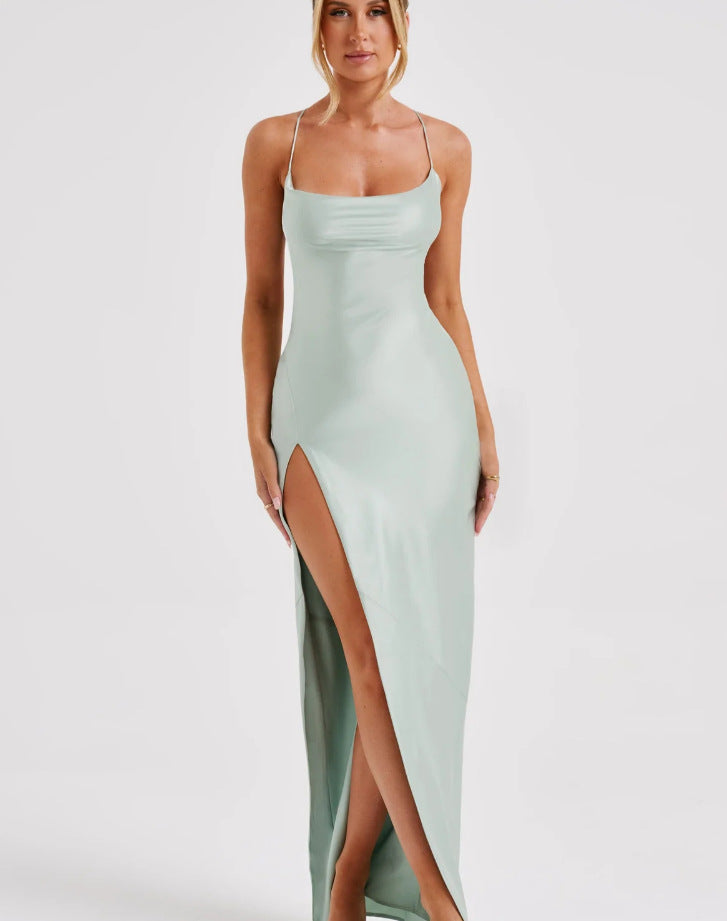 Premium Satin Sleeveless Sexy Backless Lace Up Dress