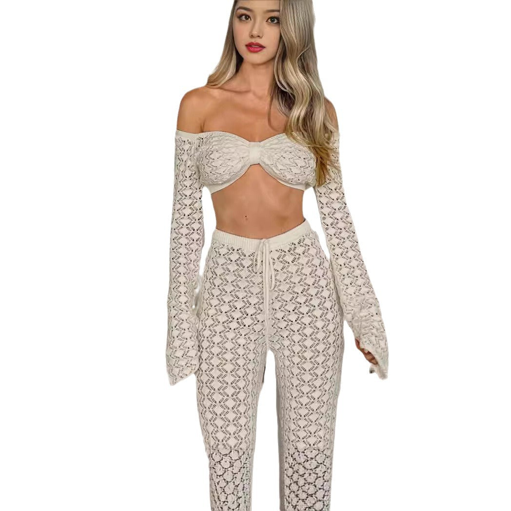 Sexy Cutout Tube Top Small Top Slim Trousers Hot Girl Knitting Suit