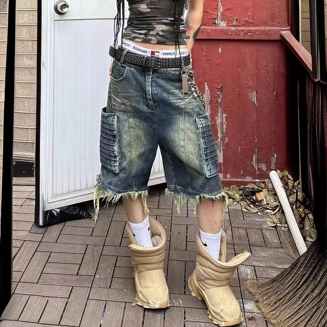 American Retro Plus Size Washed Denim Frayed Workwear With Pocket Cropped Pants