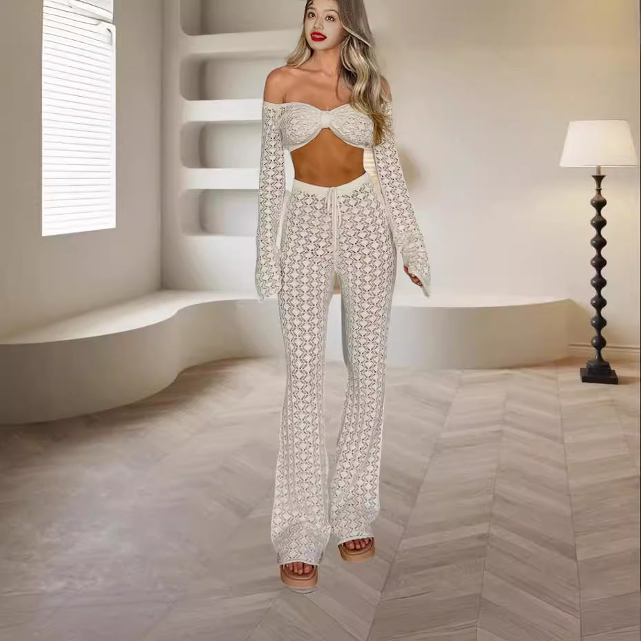 Sexy Cutout Tube Top Small Top Slim Trousers Hot Girl Knitting Suit