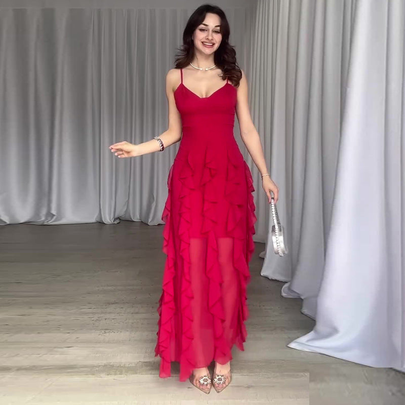 Summer New Pure Desire Style Fashion Ruffles Slim Fit Patchwork Suspender Skirt