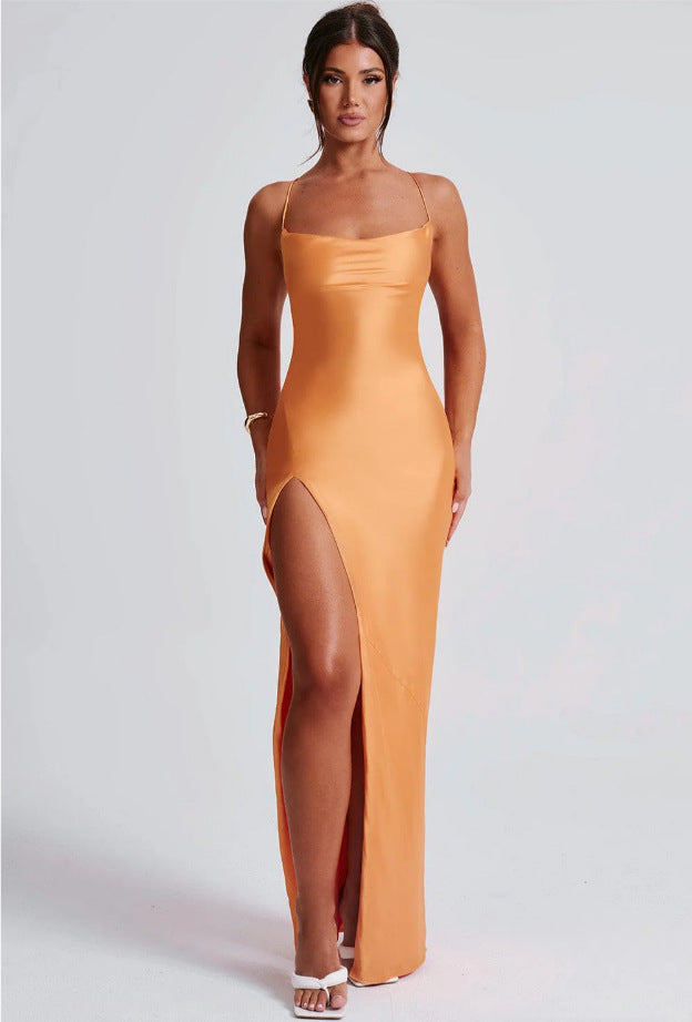 Premium Satin Sleeveless Sexy Backless Lace Up Dress