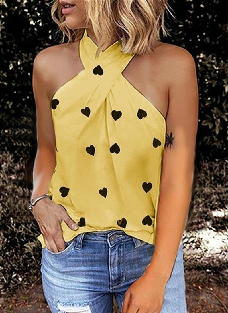 Casual Slim Back Zipper Halter Print Sleeveless Splicing Top
