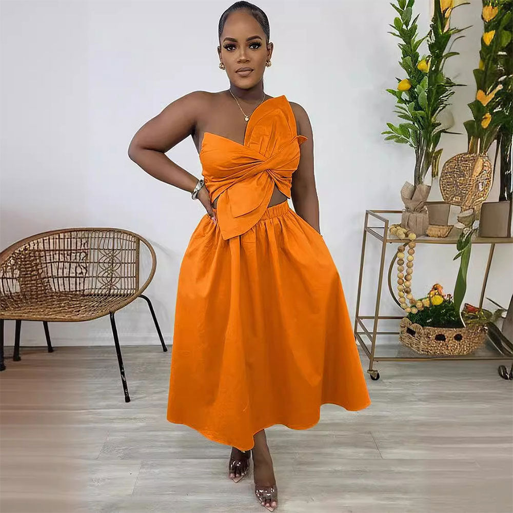 Smocking One Shoulder Petal Hollow Out Dress