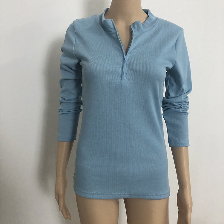 Solid Color Long Sleeve Slim Fit Zipper T-Shirt Top