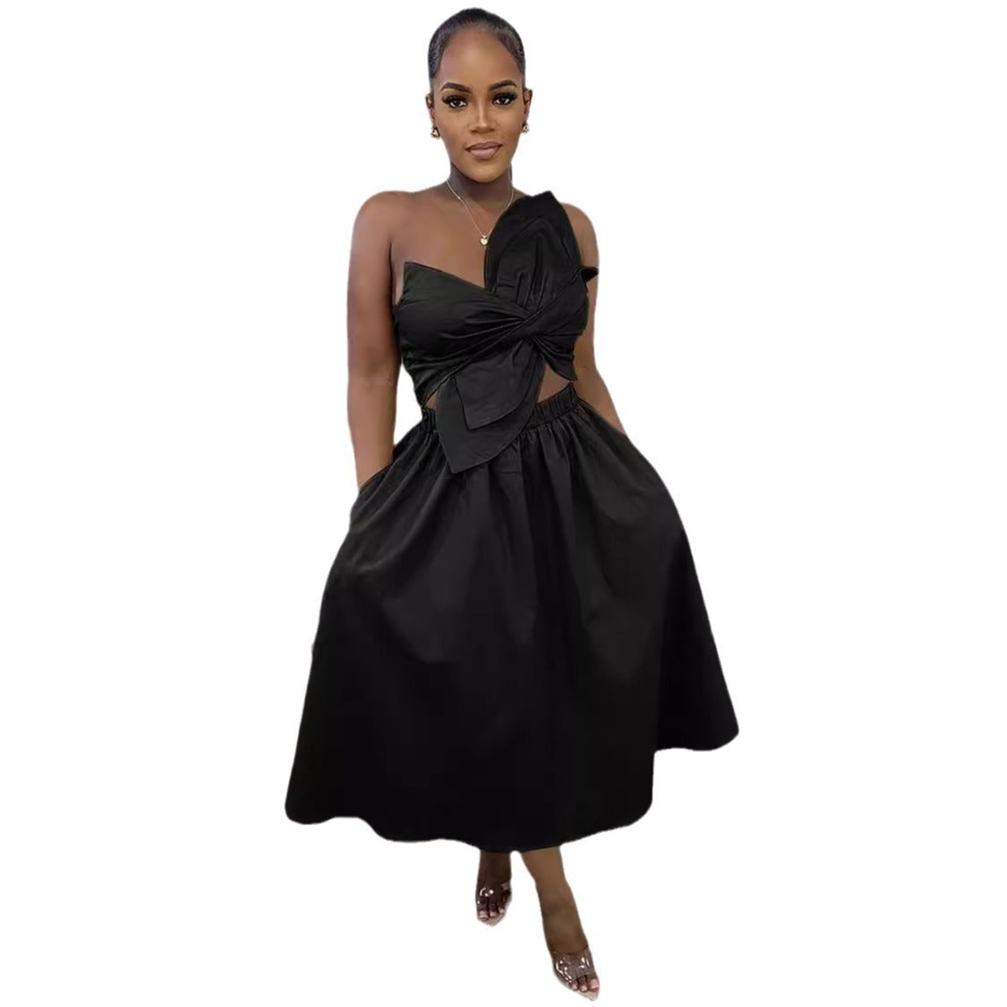 Smocking One Shoulder Petal Hollow Out Dress