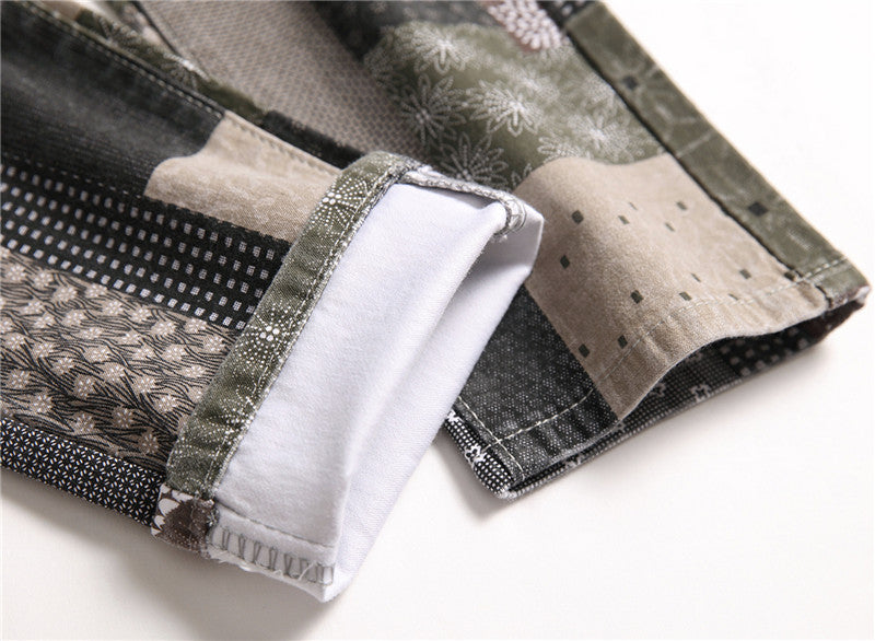 Printed Stitching Patch Checkered Stretch Small Straight-leg Street Fashion Jeans