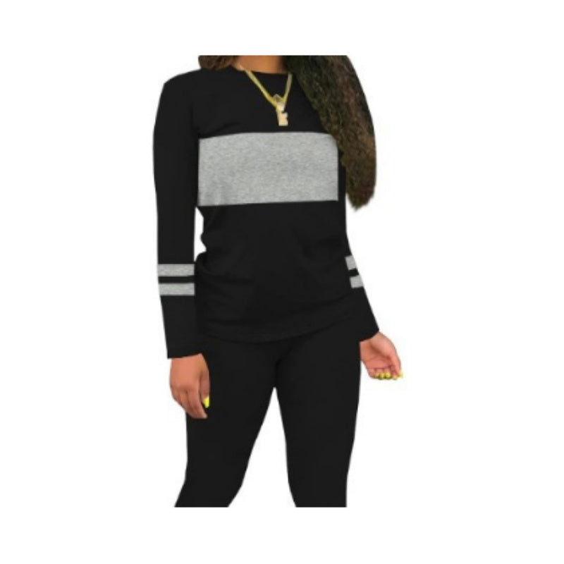 Color Matching Round Neck Long Sleeve Top With Tight Trousers Suit Two-piece Set