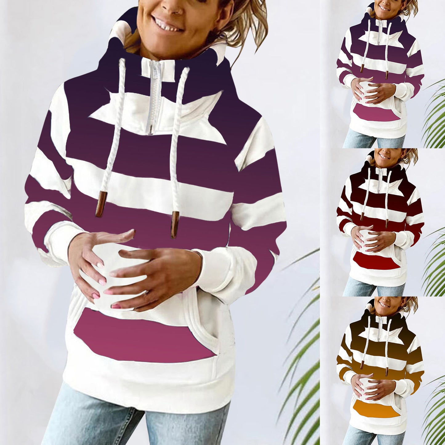 Fashion Printed Zipper High Neck Sweater