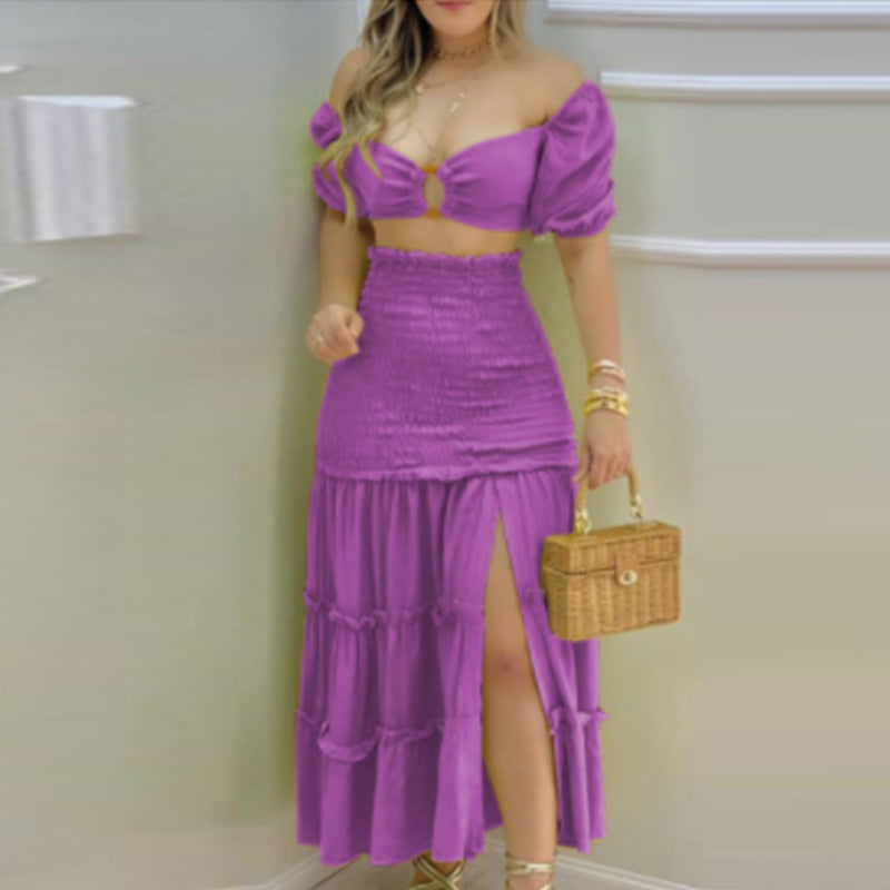Women's Fashion Printed Split Skirt Two Piece Set