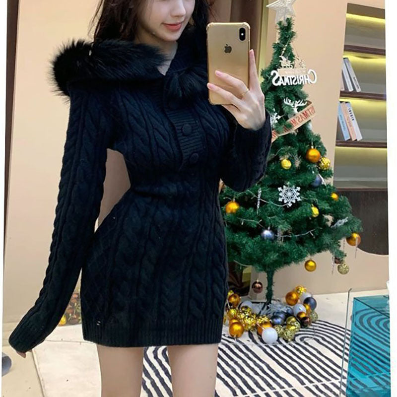 Fur-collar Bodycon Dress New Slim And Slimming