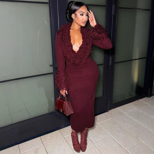 Women's Fringed Design Deep V-neck Solid Color Long Sleeve Knitted Maxi Dress