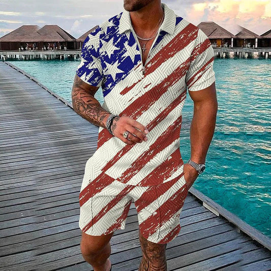 Men's Fashion Flag Print Lapel Zipper Two-Piece Suit