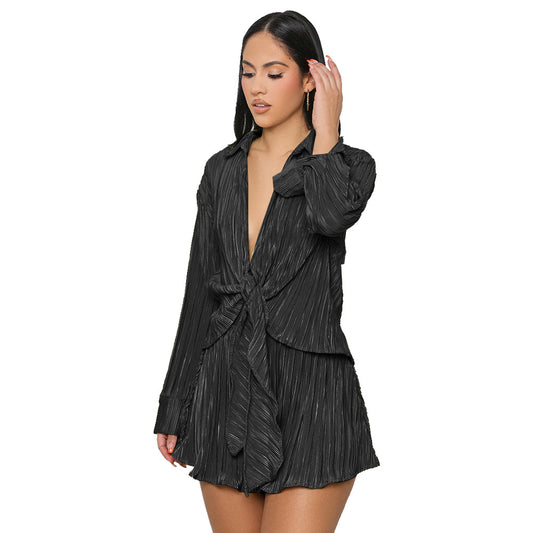 Two Piece Outfits For Women Vacation Pleated Button Down Shirt Shorts Sexy 2 Piece Set Casual Y2K  Shirt