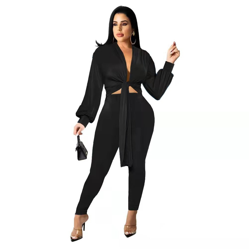 New Solid Color Tie Long Sleeve Women's Two-piece Set