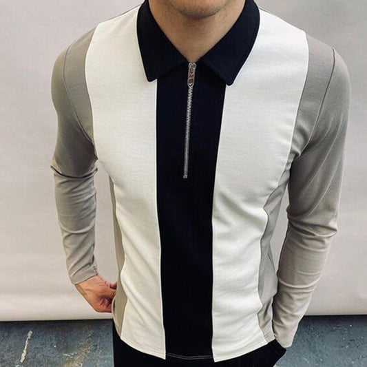 Men's Colorblock Zipper Lapel Long Sleeve T-shirt Slim Polo Shirt T-shirt