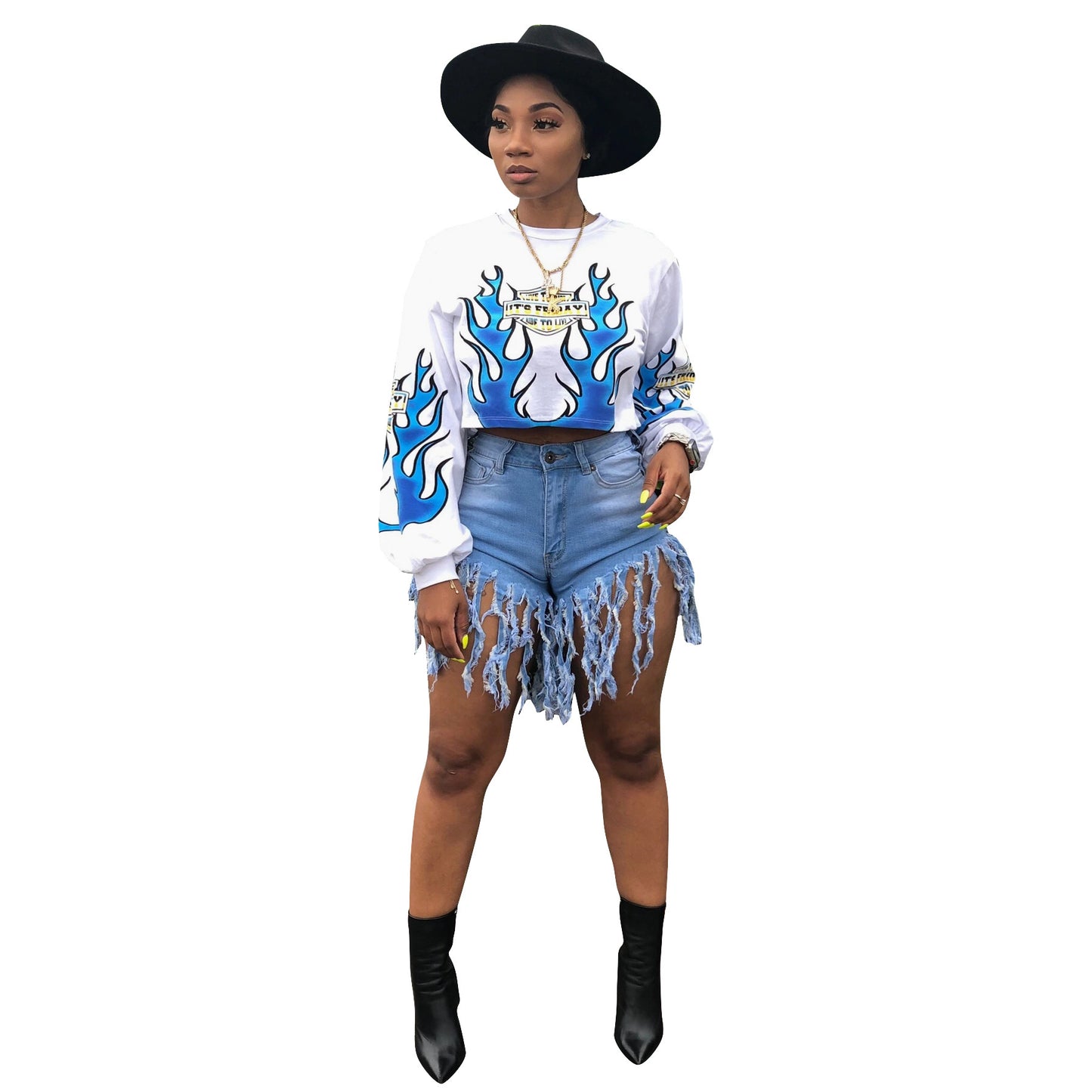 Women's Flame Positioning Printed Long-sleeved Sweater