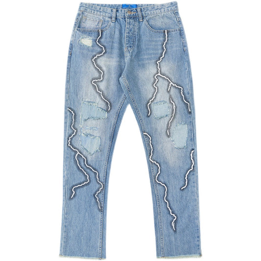 Jeans Lightning Stitching Fabric Stitching Ragged Hip-hop Trousers For Men And Women