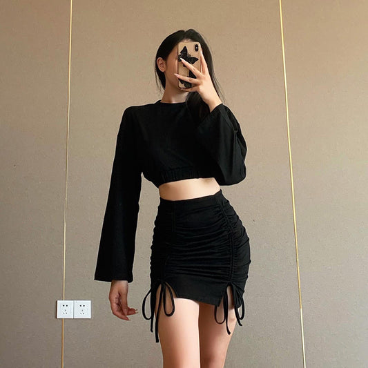 Solid Color Short Drawstring High Waist Skirt